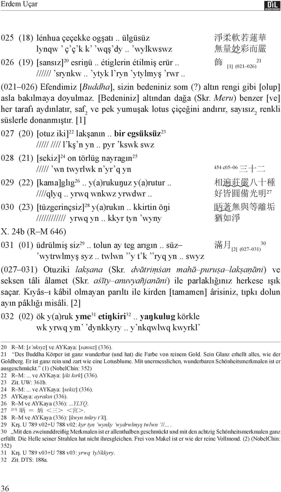 Meru) benzer [ve] her tarafı aydınlatır, saf 2 ve pek yumuşak lotus çiçeğini andırır, sayısız 2 renkli süslerle donanmıştır. [1] 027 (20) [otuz iki] 22 lakşanın.. bir egsüksüz 23 ///// //// l kş n yn.