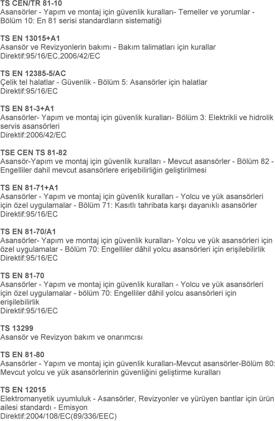 Elektrikli ve hidrolik servis asansörleri TSE CEN TS 81-82 Asansör-Yapım ve montaj için güvenlik kuralları - Mevcut asansörler - Bölüm 82 - Engelliler dahil mevcut asansörlere erişebilirliğin