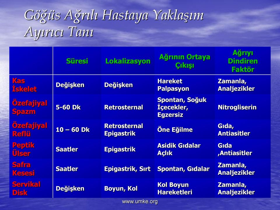 Palpasyon Spontan, Soğuk Ġçecekler, Egzersiz Öne Eğilme Asidik Gıdalar Açlık Saatler Epigastrik, Sırt Spontan, Gıdalar DeğiĢken Boyun, Kol