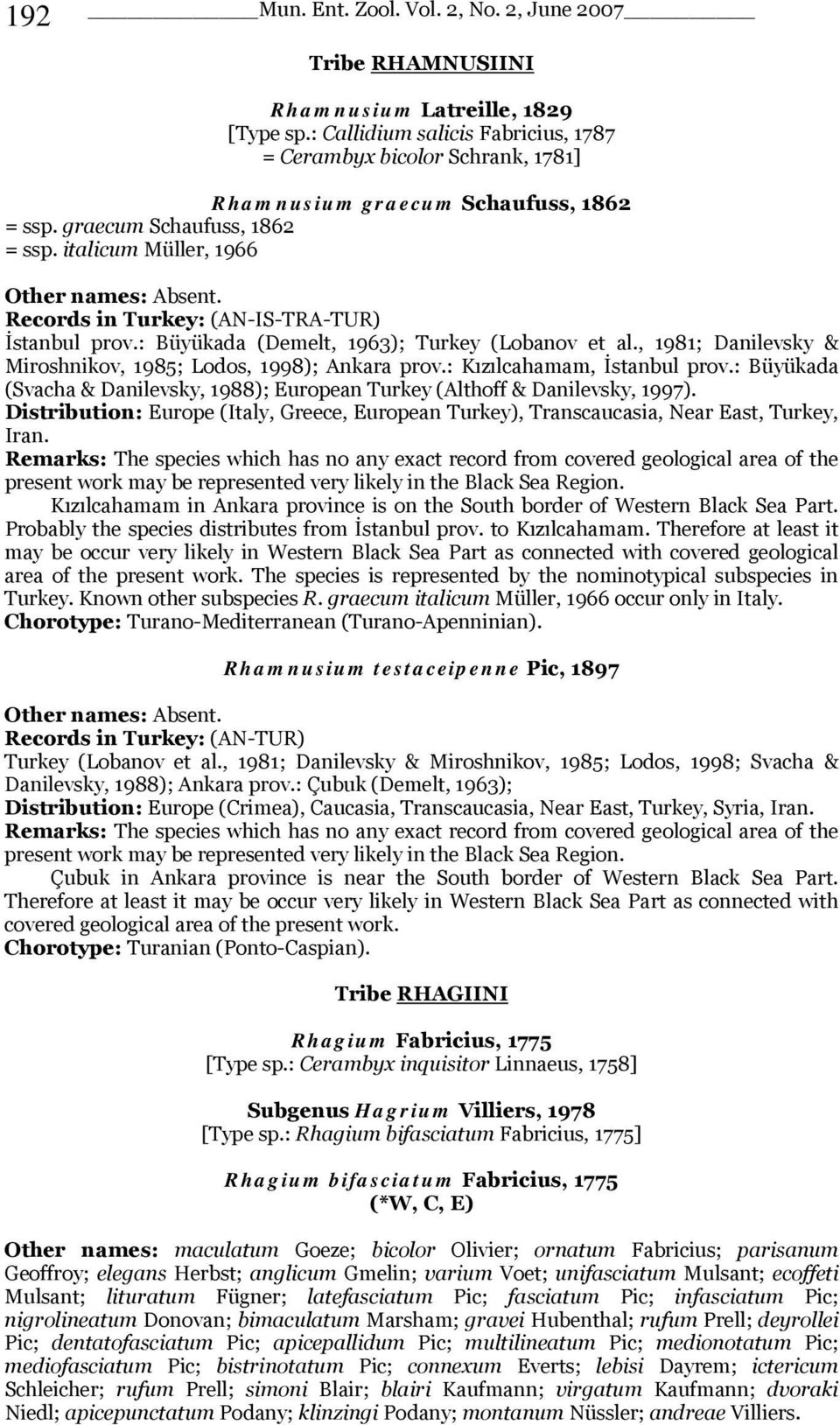 Records in Turkey: (AN-IS-TRA-TUR) İstanbul prov.: Büyükada (Demelt, 1963); Turkey (Lobanov et al., 1981; Danilevsky & Miroshnikov, 1985; Lodos, 1998); Ankara prov.: Kızılcahamam, İstanbul prov.