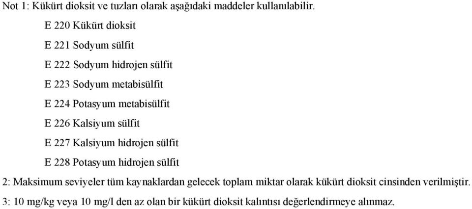 metabisülfit E 226 Kalsiyum sülfit E 227 Kalsiyum hidrojen sülfit E 228 Potasyum hidrojen sülfit 2: Maksimum seviyeler