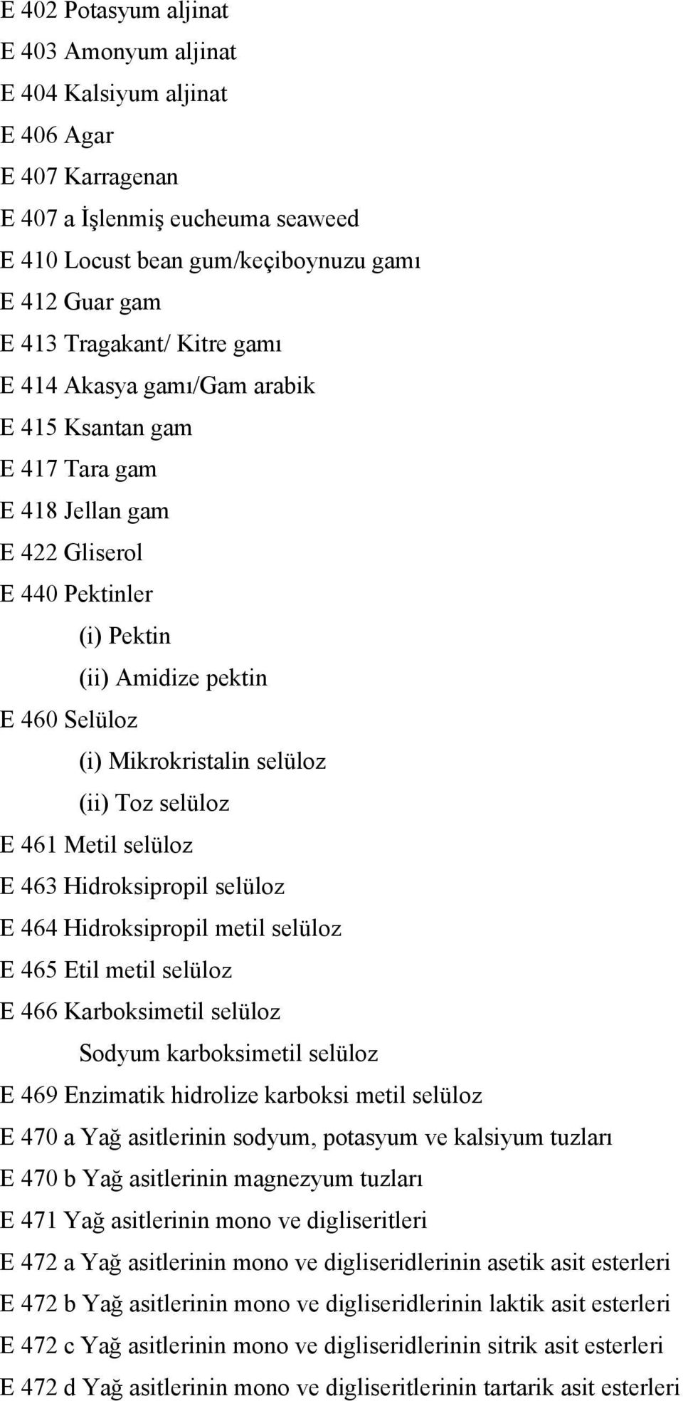 selüloz (ii) Toz selüloz E 461 Metil selüloz E 463 Hidroksipropil selüloz E 464 Hidroksipropil metil selüloz E 465 Etil metil selüloz E 466 Karboksimetil selüloz Sodyum karboksimetil selüloz E 469