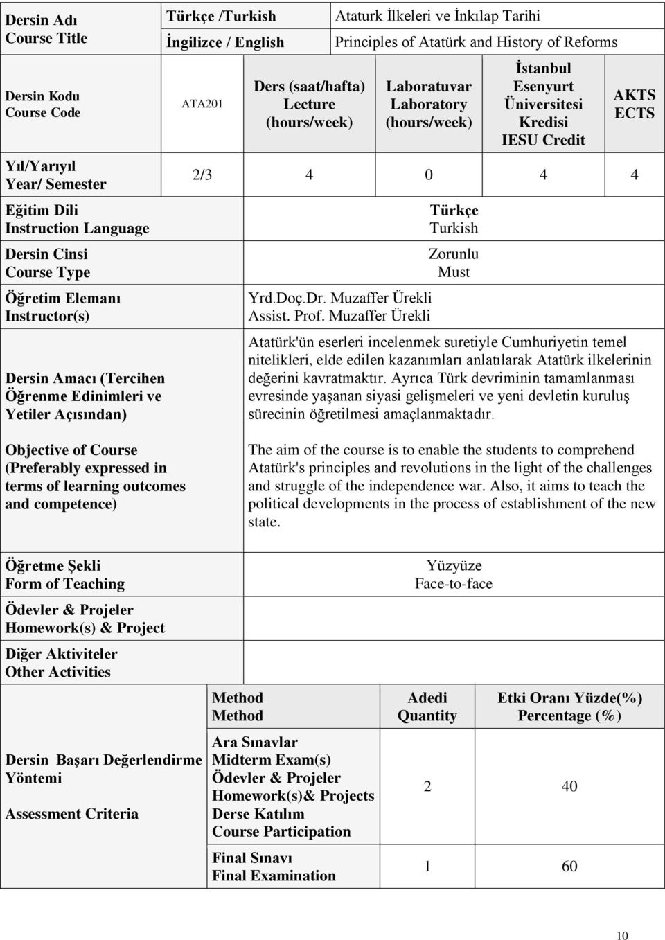 Laboratory İstanbul Esenyurt Üniversitesi Kredisi IESU Credit AKTS ECTS 2/3 4 0 4 4 Yrd.Doç.Dr. Muzaffer Ürekli Assist. Prof.