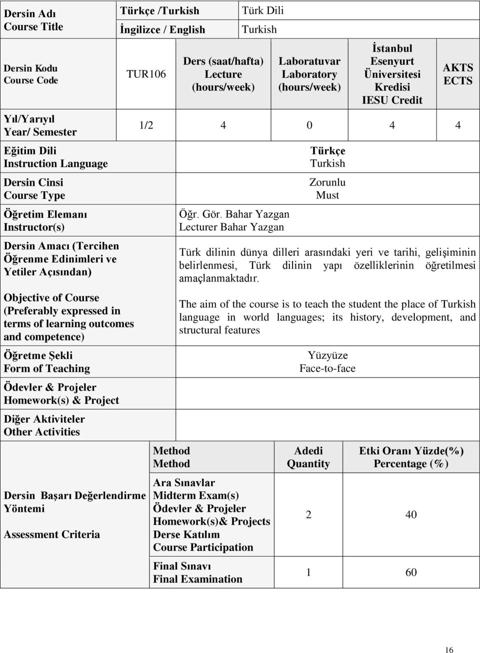 Activities Dersin Başarı Değerlendirme Yöntemi Assessment Criteria Türkçe /Turkish İngilizce / English TUR106 Türk Dili Turkish Ders (saat/hafta) Lecture Laboratuvar Laboratory İstanbul Esenyurt