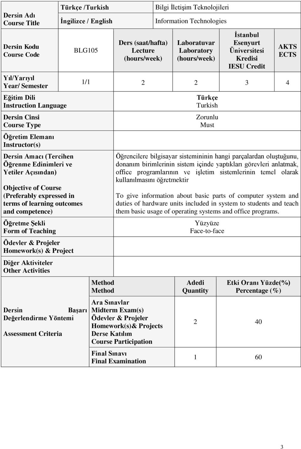 Activities Türkçe /Turkish İngilizce / English BLG105 Dersin Başarı Değerlendirme Yöntemi Assessment Criteria Ders (saat/hafta) Lecture Bilgi İletişim Teknolojileri Information Technologies