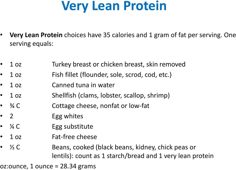 ) 1 oz Canned tuna in water 1 oz Shellfish (clams, lobster, scallop, shrimp) ¾ C Cottage cheese, nonfat or low-fat 2 Egg whites ¼