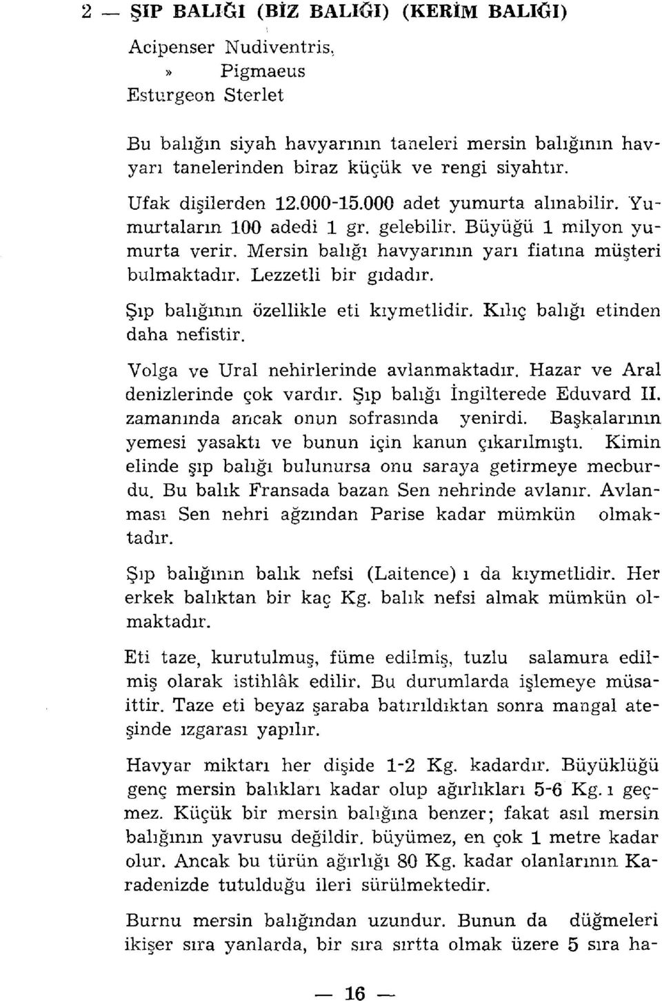 Lezzetli bir gıdadır. Şıp balığının özellikle eti kıymetlidir. Kılıç balığı etinden daha nefistir. Volga ve Ural nehirlerinde avlanmaktadır. Hazar ve Aral denizlerinde çok vardır.