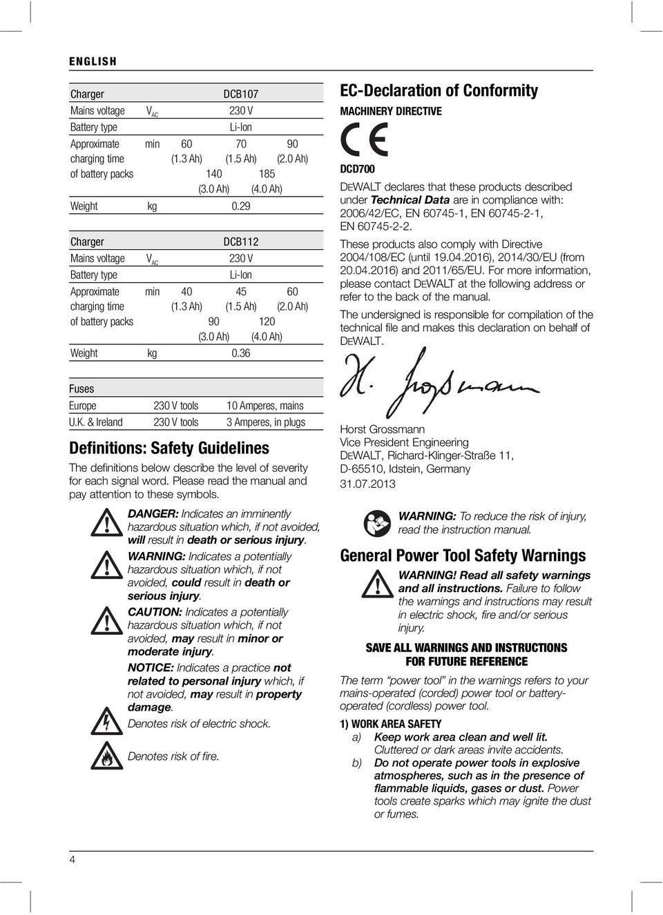 36 EC-Declaration of Conformity MACHINERY DIRECTIVE DCD700 DEWALT declares that these products described under Technical Data are in compliance with: 2006/42/EC, EN 60745-1, EN 60745-2-1, EN