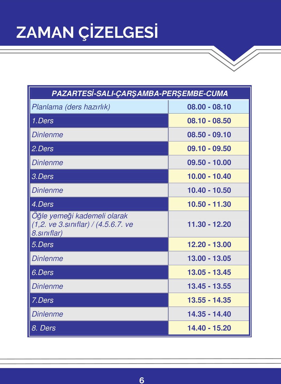 30 Öğle yemeği kademeli olarak (1,2. ve 3.sınıflar) / (4.5.6.7. ve 8.sınıflar) 11.30 12.20 5.Ders 12.20 13.