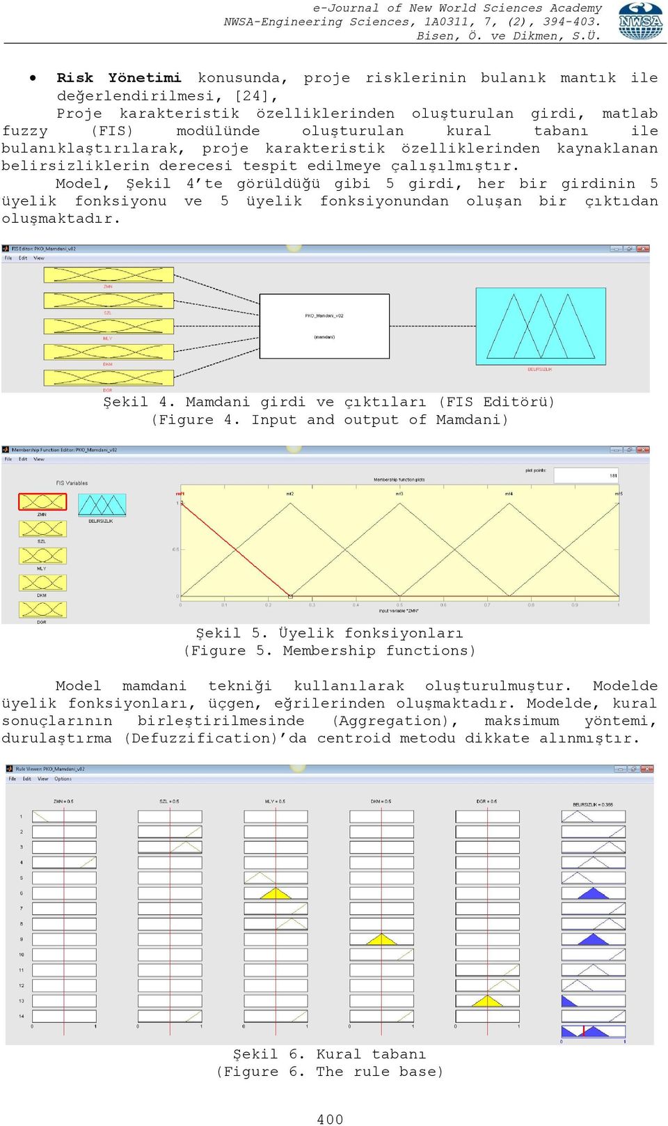 Model, Şekil 4 te görüldüğü gibi 5 girdi, her bir girdinin 5 üyelik fonksiyonu ve 5 üyelik fonksiyonundan oluşan bir çıktıdan oluşmaktadır. Şekil 4. Mamdani girdi ve çıktıları (FIS Editörü) (Figure 4.