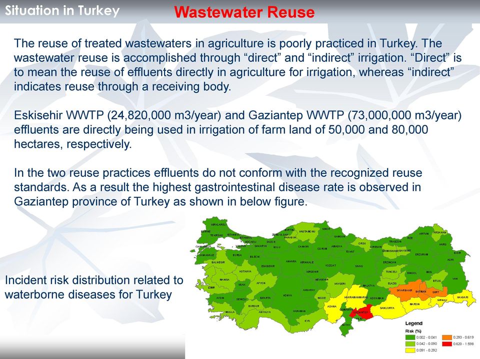 Eskisehir WWTP (24,820,000 m3/year) and Gaziantep WWTP (73,000,000 m3/year) effluents are directly being used in irrigation of farm land of 50,000 and 80,000 hectares, respectively.