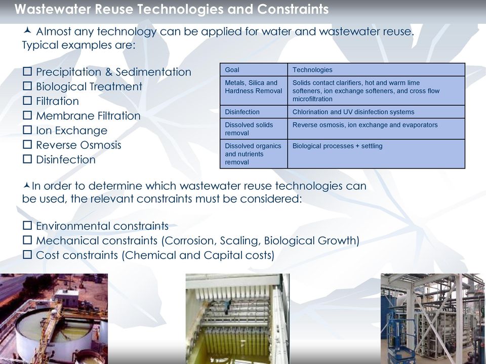 Dissolved solids removal Dissolved organics and nutrients removal Technologies Solids contact clarifiers, hot and warm lime softeners, ion exchange softeners, and cross flow microfiltration