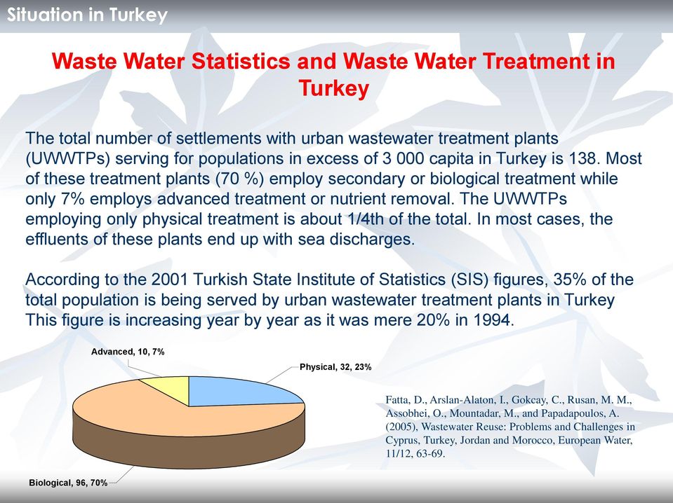 The UWWTPs employing only physical treatment is about 1/4th of the total. In most cases, the effluents of these plants end up with sea discharges.