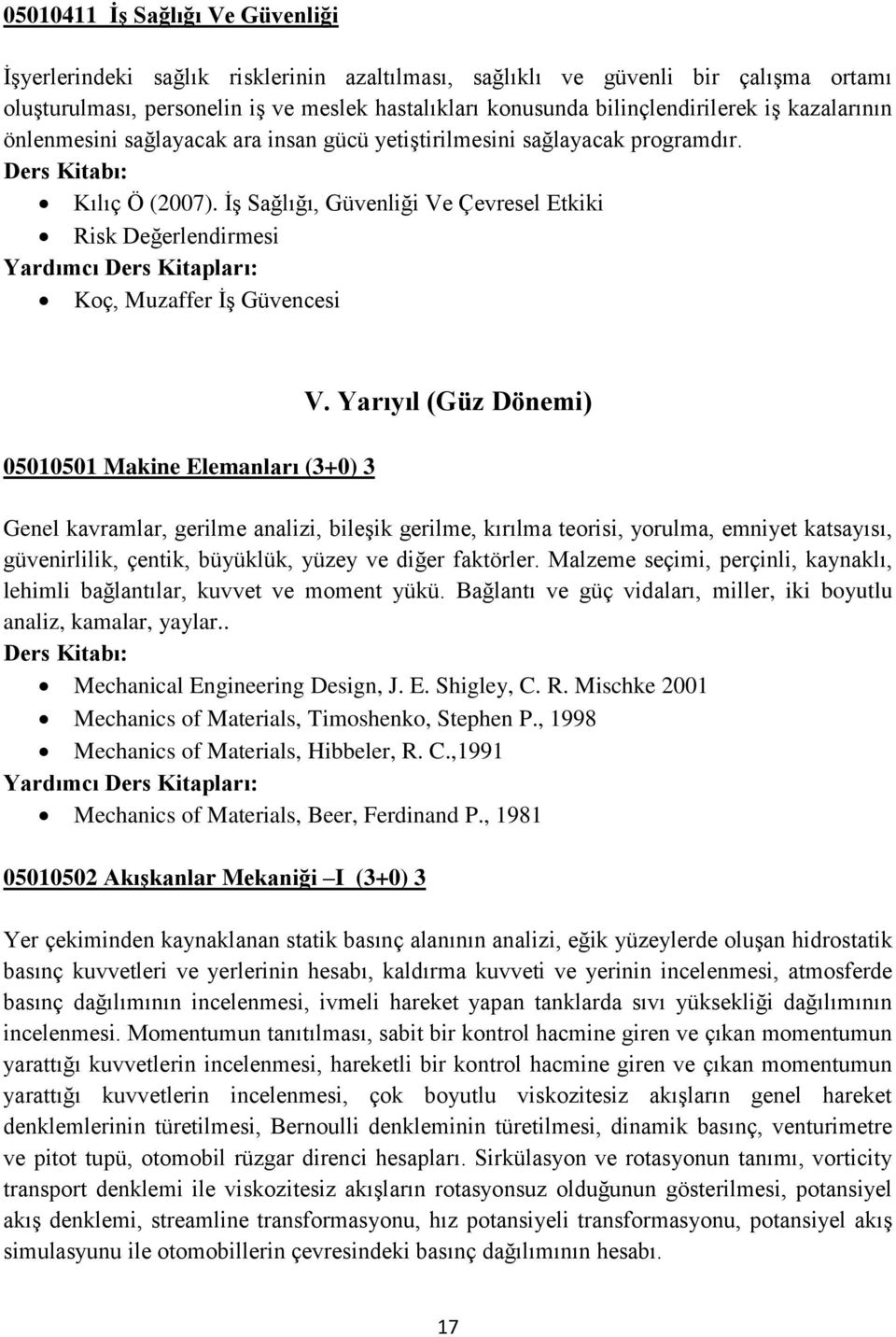 ĠĢ Sağlığı, Güvenliği Ve Çevresel Etkiki Risk Değerlendirmesi Koç, Muzaffer ĠĢ Güvencesi 05010501 Makine Elemanları (3+0) 3 V.