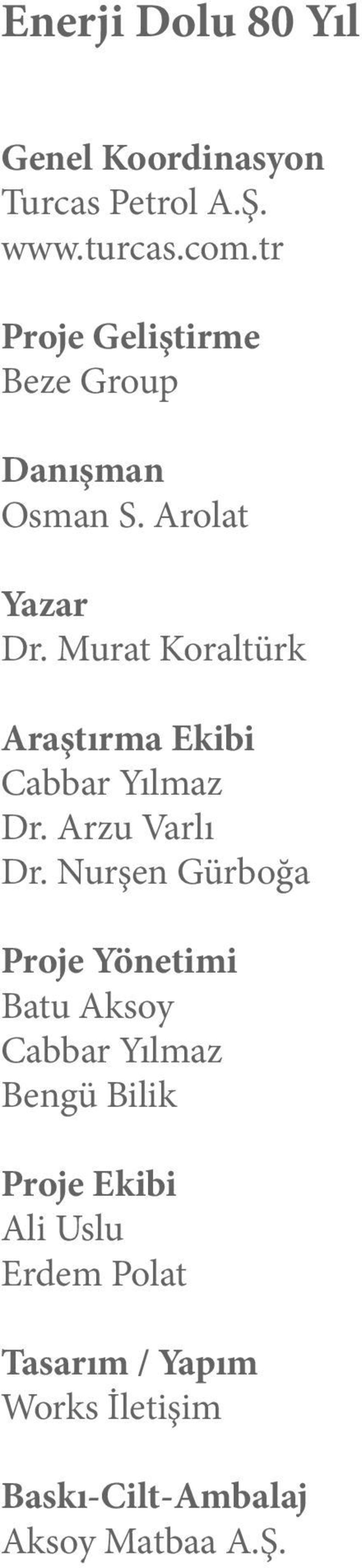 Murat Koraltürk Araştırma Ekibi Cabbar Yılmaz Dr. Arzu Varlı Dr.