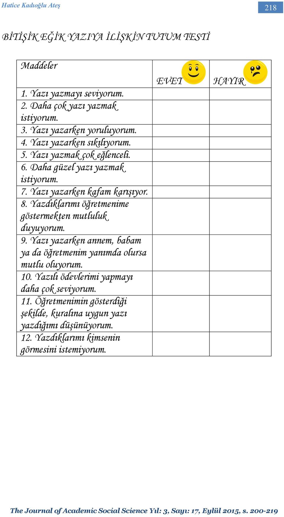 8. Yazdıklarımı öğretmenime göstermekten mutluluk duyuyorum. 9. Yazı yazarken annem, babam ya da öğretmenim yanımda olursa mutlu oluyorum. 10.