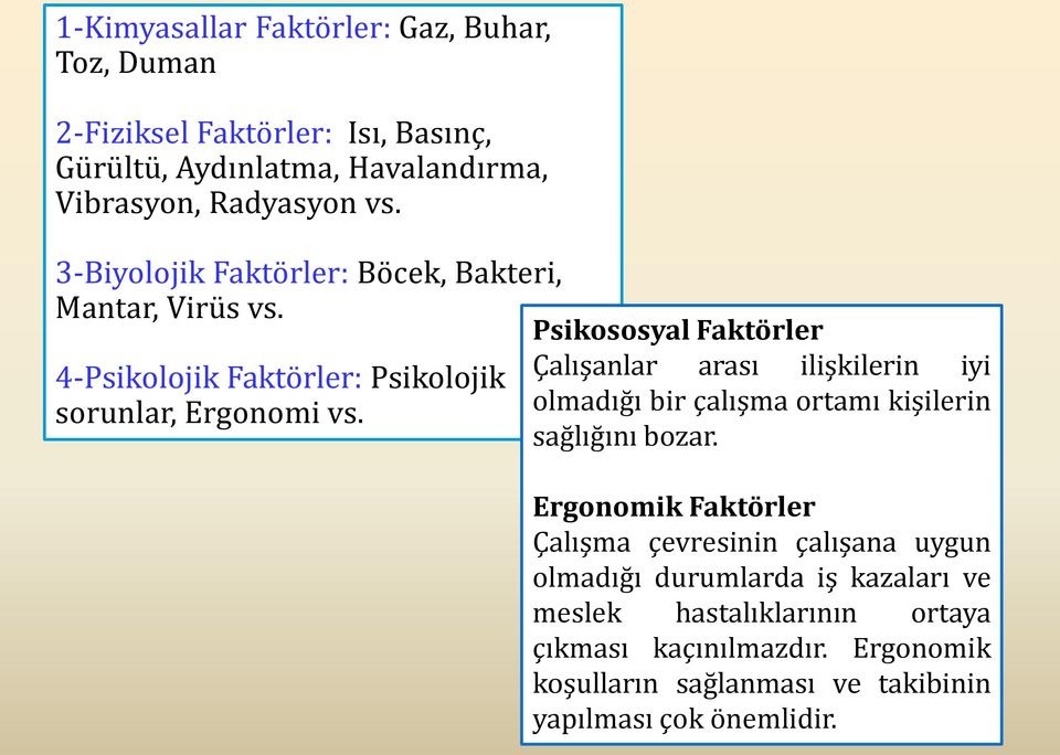 Psikososyal Faktörler Çalışanlar arası ilişkilerin iyi olmadığı bir çalışma ortamı kişilerin sağlığını bozar.