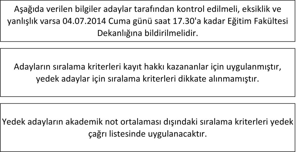 Adayların sıralama kriterleri kayıt hakkı kazananlar için uygulanmıştır, yedek adaylar için sıralama