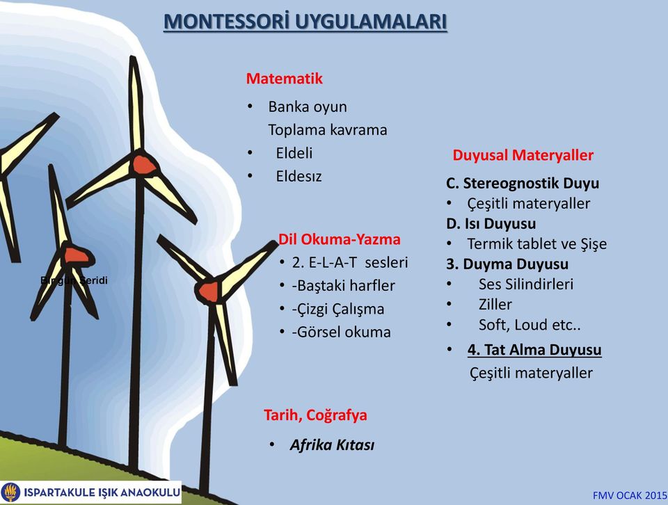 Stereognostik Duyu Çeşitli materyaller D. Isı Duyusu Termik tablet ve Şişe 3.