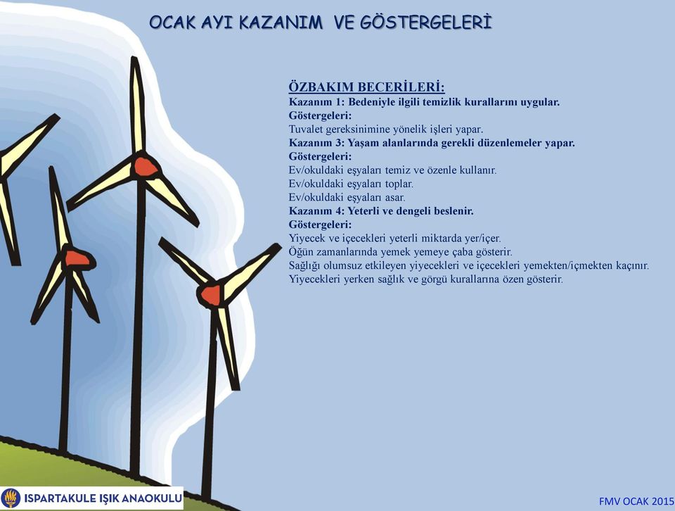 Ev/okuldaki eşyaları toplar. Ev/okuldaki eşyaları asar. Kazanım 4: Yeterli ve dengeli beslenir. Yiyecek ve içecekleri yeterli miktarda yer/içer.