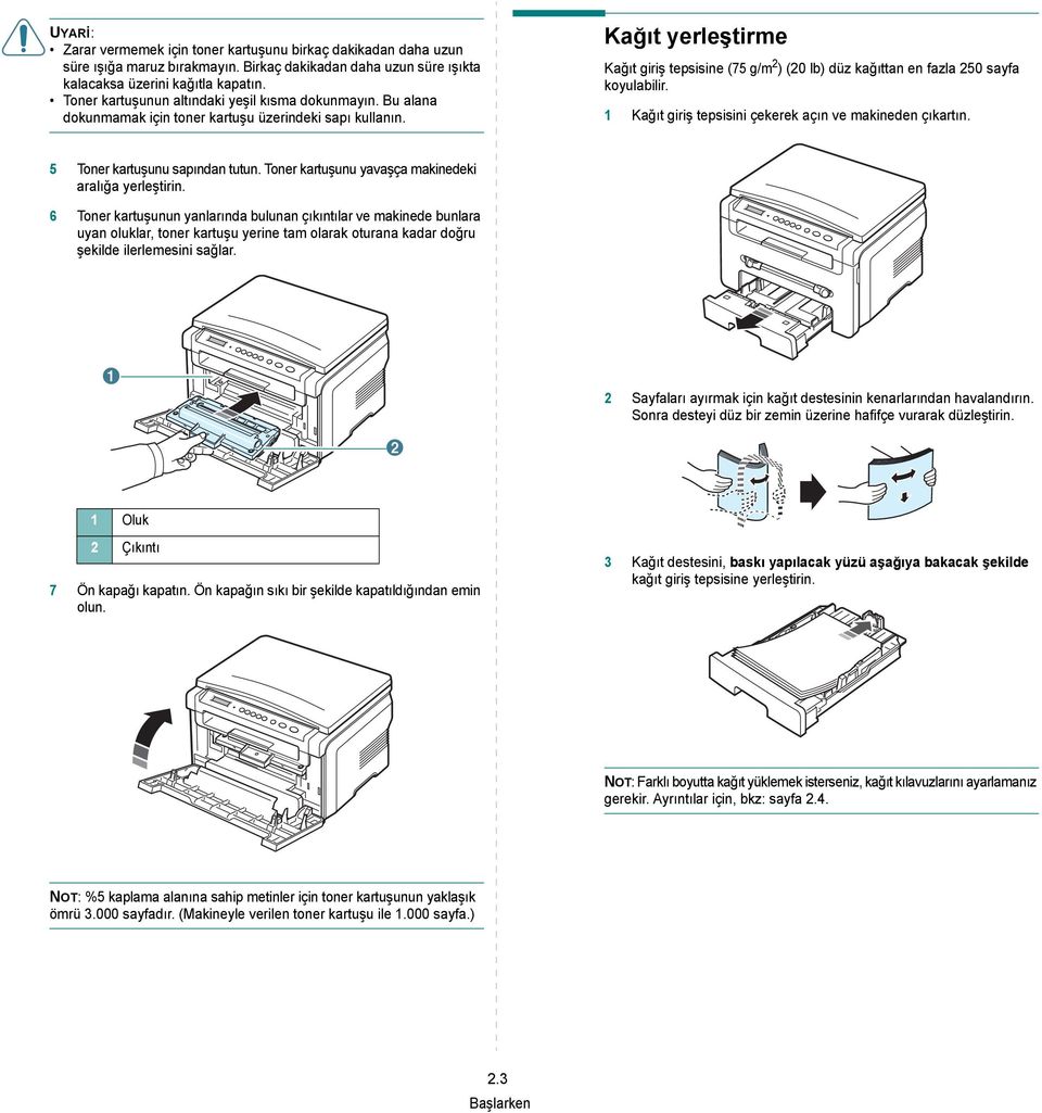 Kağıt yerleştirme Kağıt giriş tepsisine (75 g/m 2 ) (20 lb) düz kağıttan en fazla 250 sayfa koyulabilir. 1 Kağıt giriş tepsisini çekerek açın ve makineden çıkartın. 5 Toner kartuşunu sapından tutun.