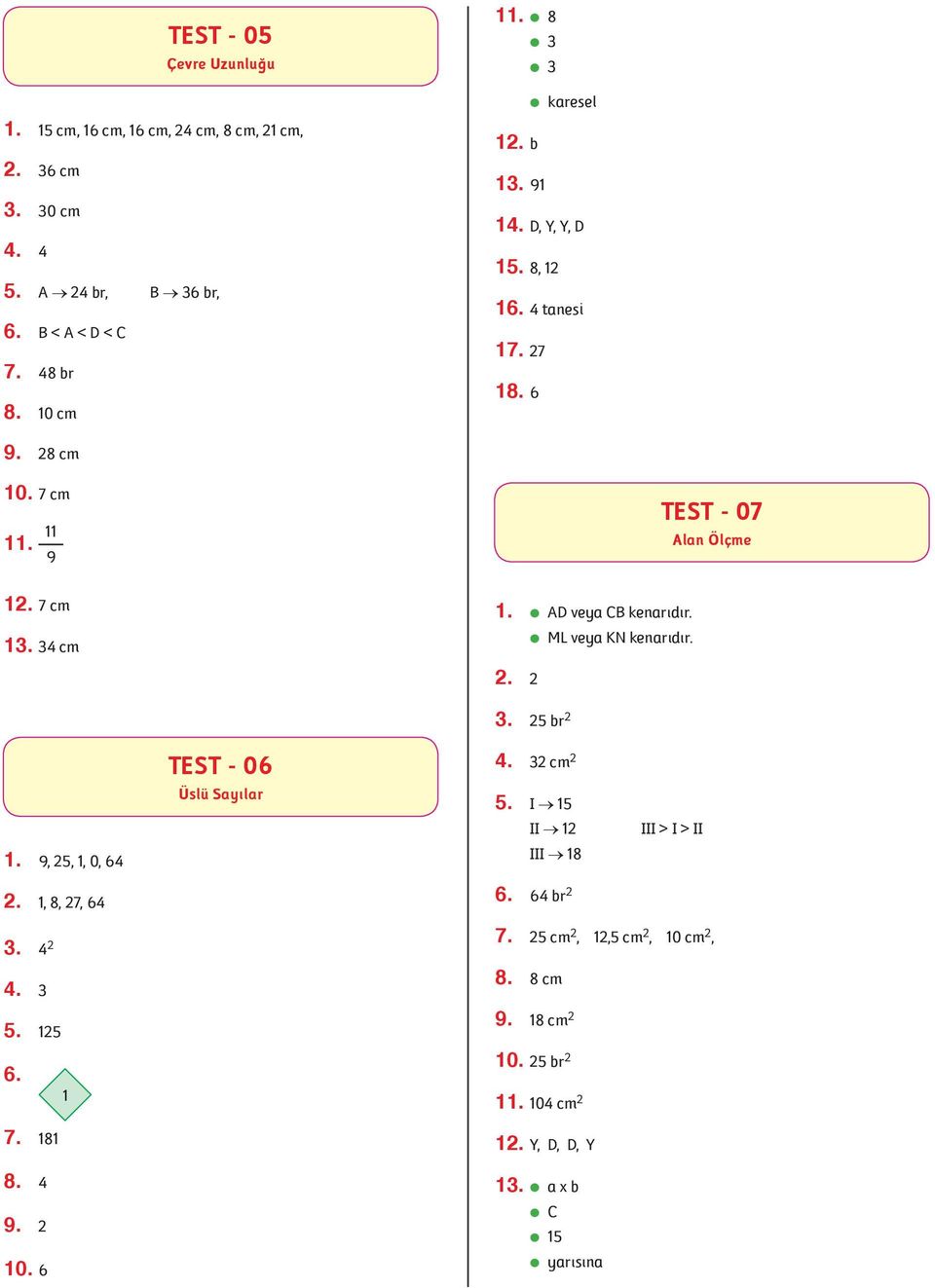 AD veya CB kenarýdýr. ML veya KN kenarýdýr. 2. 2 1. 9, 25, 1, 0, 64 2. 1, 8, 27, 64 TEST - 06 Üslü Sayýlar 3. 25 br 2 4. 32 cm 2 5. I 15 II 12 III 18 6.