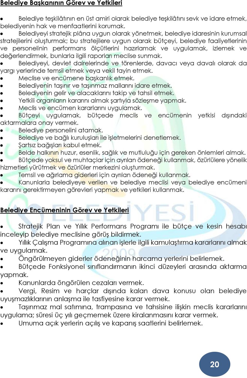 Belediyeyi stratejik plâna uygun olarak yönetmek, belediye idaresinin kurumsal stratejilerini oluşturmak; bu stratejilere uygun olarak bütçeyi, belediye faaliyetlerinin ve personelinin performans