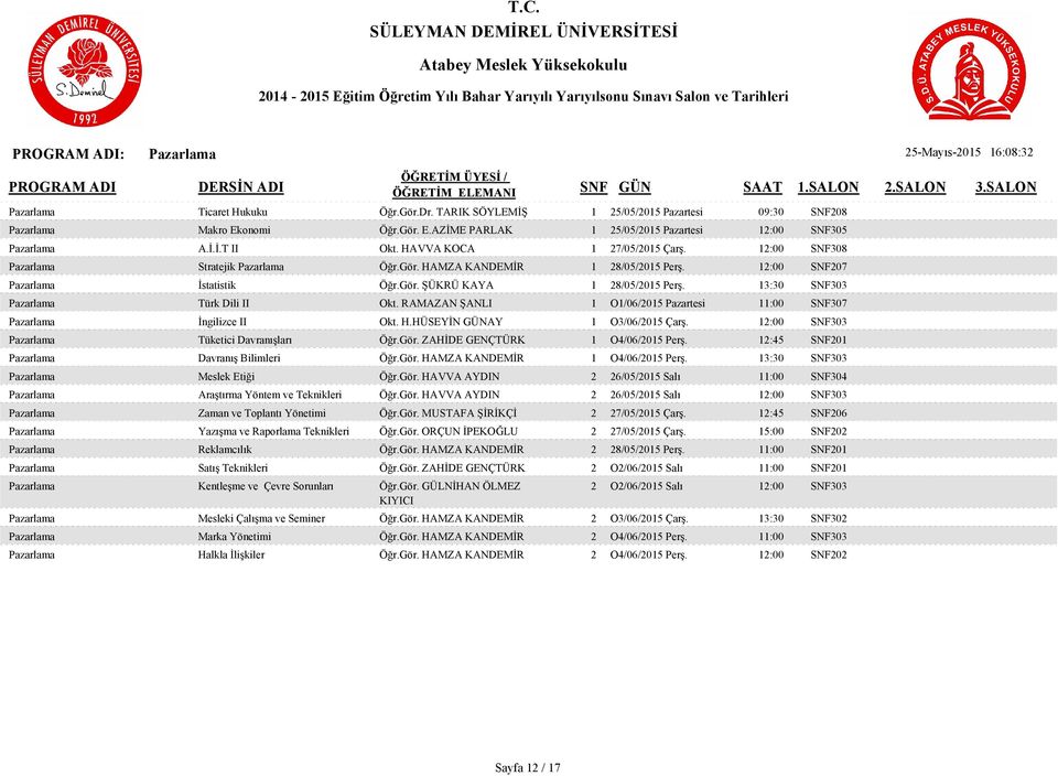 13:30 SNF303 Pazarlama Türk Dili II Okt. RAMAZAN ŞANLI 1 O1/06/2015 Pazartesi 11:00 SNF307 Pazarlama İngilizce II Okt. H.HÜSEYİN GÜNAY 1 O3/06/2015 Çarş.