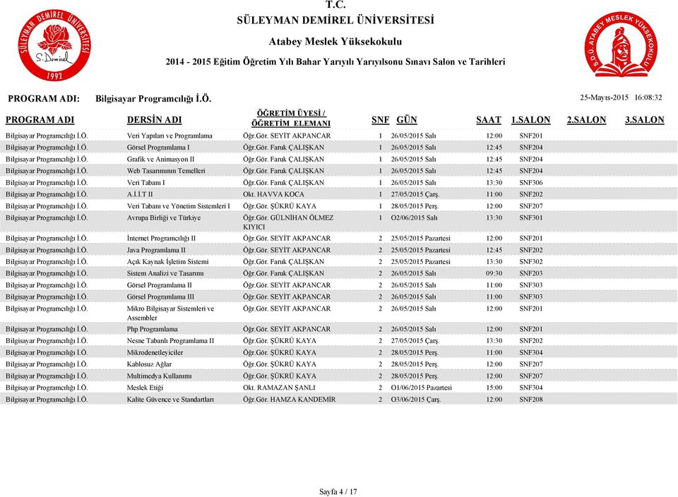 Gör. Faruk ÇALIŞKAN 1 26/05/2015 Salı 12:45 SNF204 Bilgisayar Programcılığı İ.Ö. Veri Tabanı I Öğr.Gör. Faruk ÇALIŞKAN 1 26/05/2015 Salı 13:30 SNF306 Bilgisayar Programcılığı İ.Ö. A.İ.İ.T II Okt.