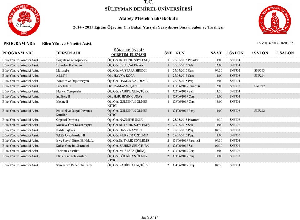 HAVVA KOCA 1 27/05/2015 Çarş. 11:00 SNF203 SNF204 Büro Yön. ve Yönetici Asist. Yönetim ve Organizasyon Öğr.Gör. HAMZA KANDEMİR 1 28/05/2015 Perş. 15:00 SNF204 Büro Yön. ve Yönetici Asist. Türk Dili II Okt.