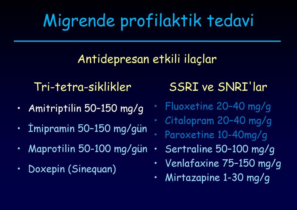 Doxepin (Sinequan) SSRI ve SNRI'lar Fluoxetine 20 40 mg/g Citalopram 20 40 mg/g