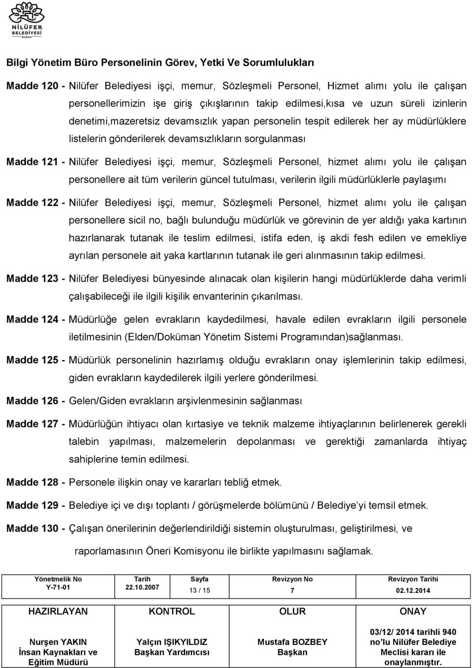 Nilüfer Belediyesi işçi, memur, Sözleşmeli Personel, hizmet alımı yolu ile çalışan personellere ait tüm verilerin güncel tutulması, verilerin ilgili müdürlüklerle paylaşımı Madde 122 - Nilüfer