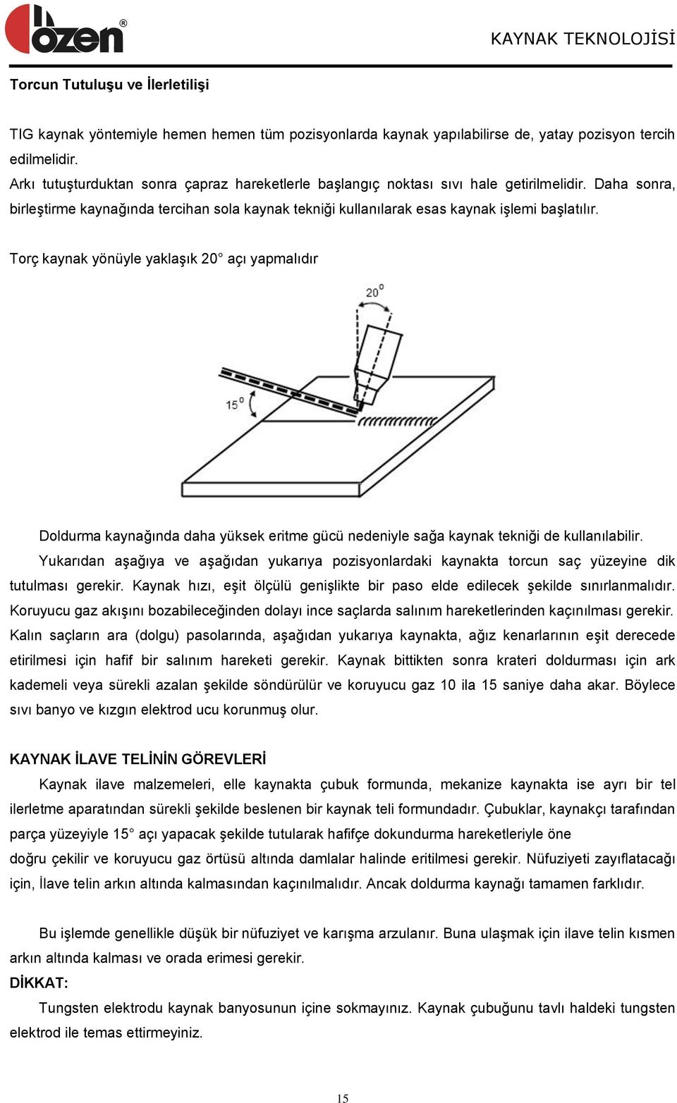 Torç kaynak yönüyle yaklaģık 20 açı yapmalıdır Doldurma kaynağında daha yüksek eritme gücü nedeniyle sağa kaynak tekniği de kullanılabilir.