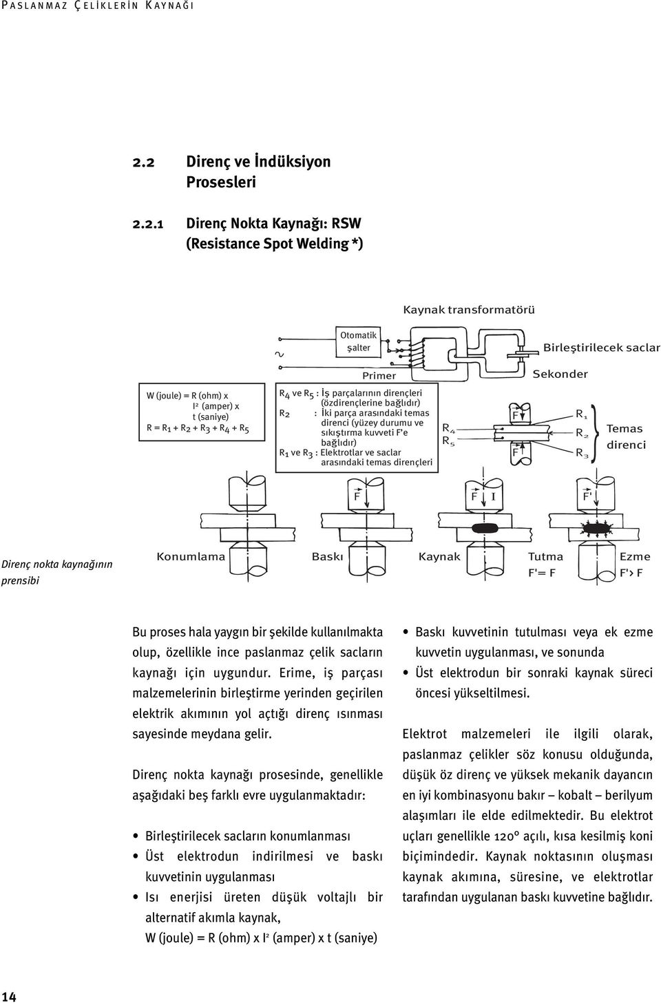 bağlıdır) R1 ve R3 : Elektrotlar ve saclar arasındaki temas dirençleri R 4 R 5 F F R 1 } R 2 R 3 Temas direnci F F I F' Direnç nokta kaynağının prensibi Konumlama Baskı Kaynak Tutma F'= F Ezme F'> F