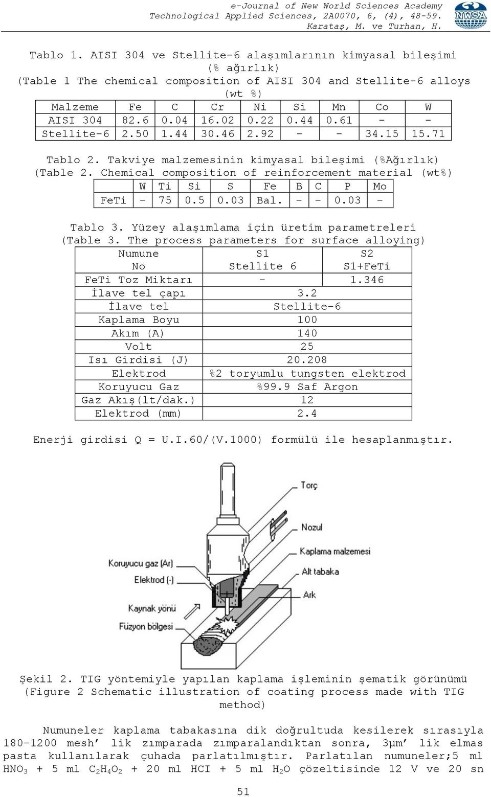 Chemical composition of reinforcement material (wt%) W Ti Si S Fe B C P Mo FeTi - 75 0.5 0.03 Bal. - - 0.03 - Tablo 3. Yüzey alaşımlama için üretim parametreleri (Table 3.