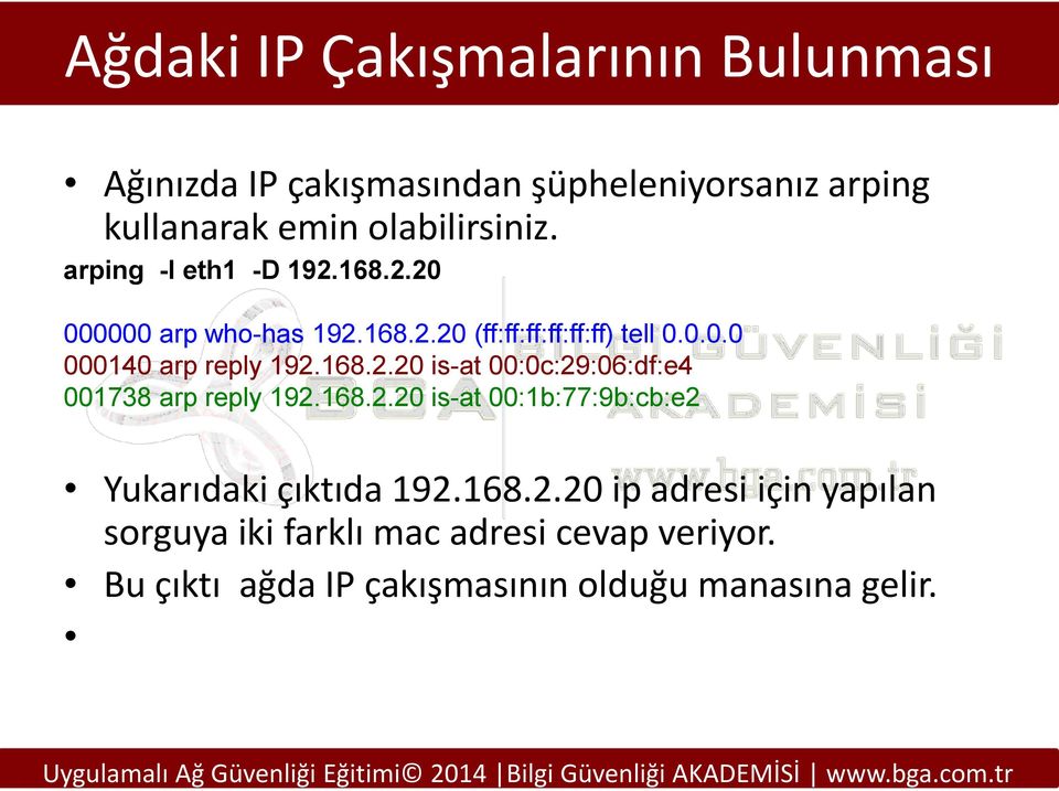 168.2.20 is-at 00:0c:29:06:df:e4 001738 arp reply 192.168.2.20 is-at 00:1b:77:9b:cb:e2 Yukarıdaki çıktıda 192.168.2.20 ip adresi için yapılan sorguya iki farklı mac adresi cevap veriyor.