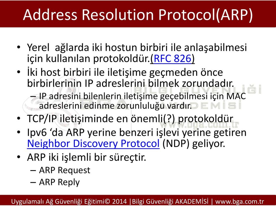 IP adresini bilenlerin iletişime geçebilmesi için MAC adreslerini edinme zorunluluğu vardır. TCP/IP iletişiminde en önemli(?