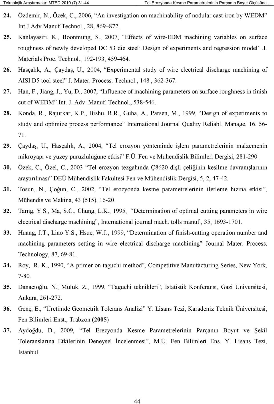 , 2007, Effects of wire-edm machining variables on surface roughness of newly developed DC 53 die steel: Design of experiments and regression model J. Materials Proc. Technol., 192-193, 459-464. 26.