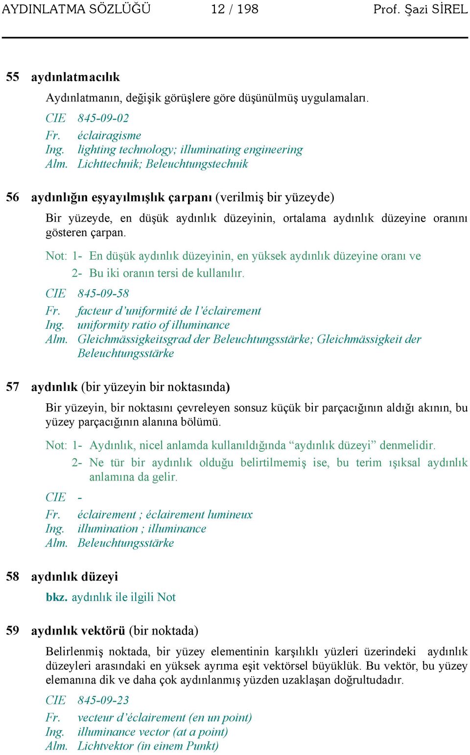 Lichttechnik; Beleuchtungstechnik 56 aydınlığın eşyayılmışlık çarpanı (verilmiş bir yüzeyde) Bir yüzeyde, en düşük aydınlık düzeyinin, ortalama aydınlık düzeyine oranını gösteren çarpan.