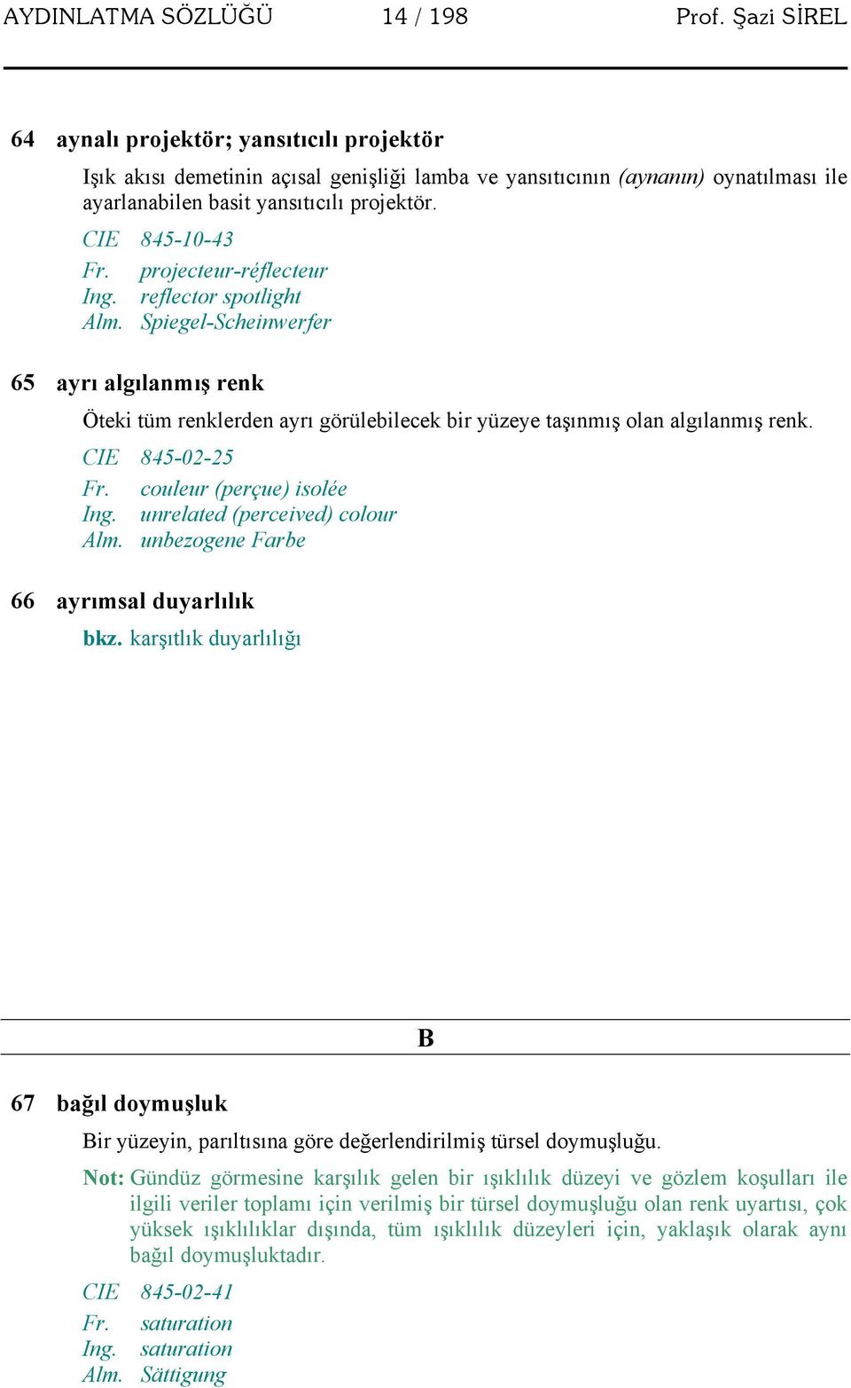 projecteur-réflecteur Ing. reflector spotlight Alm. Spiegel-Scheinwerfer 65 ayrı algılanmış renk Öteki tüm renklerden ayrı görülebilecek bir yüzeye taşınmış olan algılanmış renk. CIE 845-02-25 Fr.