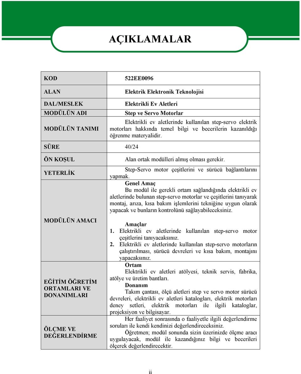 SÜRE 40/24 ÖN KOŞUL YETERLİK MODÜLÜN AMACI EĞİTİM ÖĞRETİM ORTAMLARI VE DONANIMLARI ÖLÇME VE DEĞERLENDİRME Alan ortak modülleri almış olması gerekir.