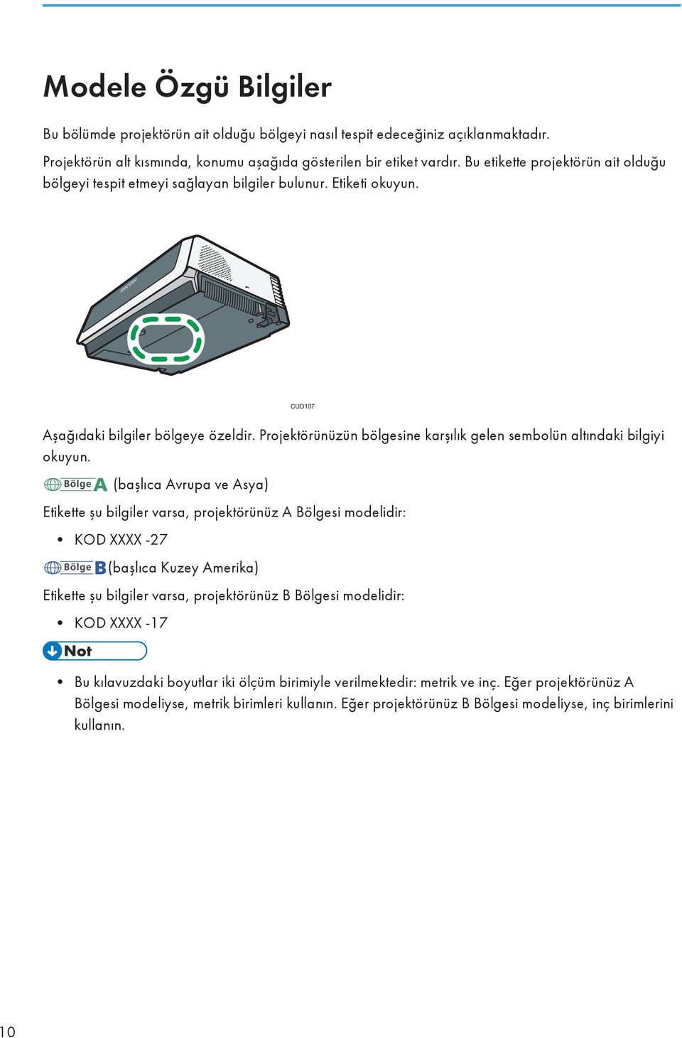 Projektörünüzün bölgesine karşılık gelen sembolün altındaki bilgiyi okuyun.