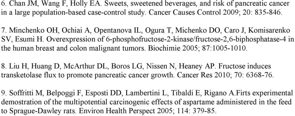 Overexpression of 6-phosphofructose-2-kinase/fructose-2,6-biphosphatase-4 in the human breast and colon malignant tumors. Biochimie 2005; 87:1005-1010. 8. Liu H, Huang D, McArthur DL, Boros LG, Nissen N, Heaney AP.