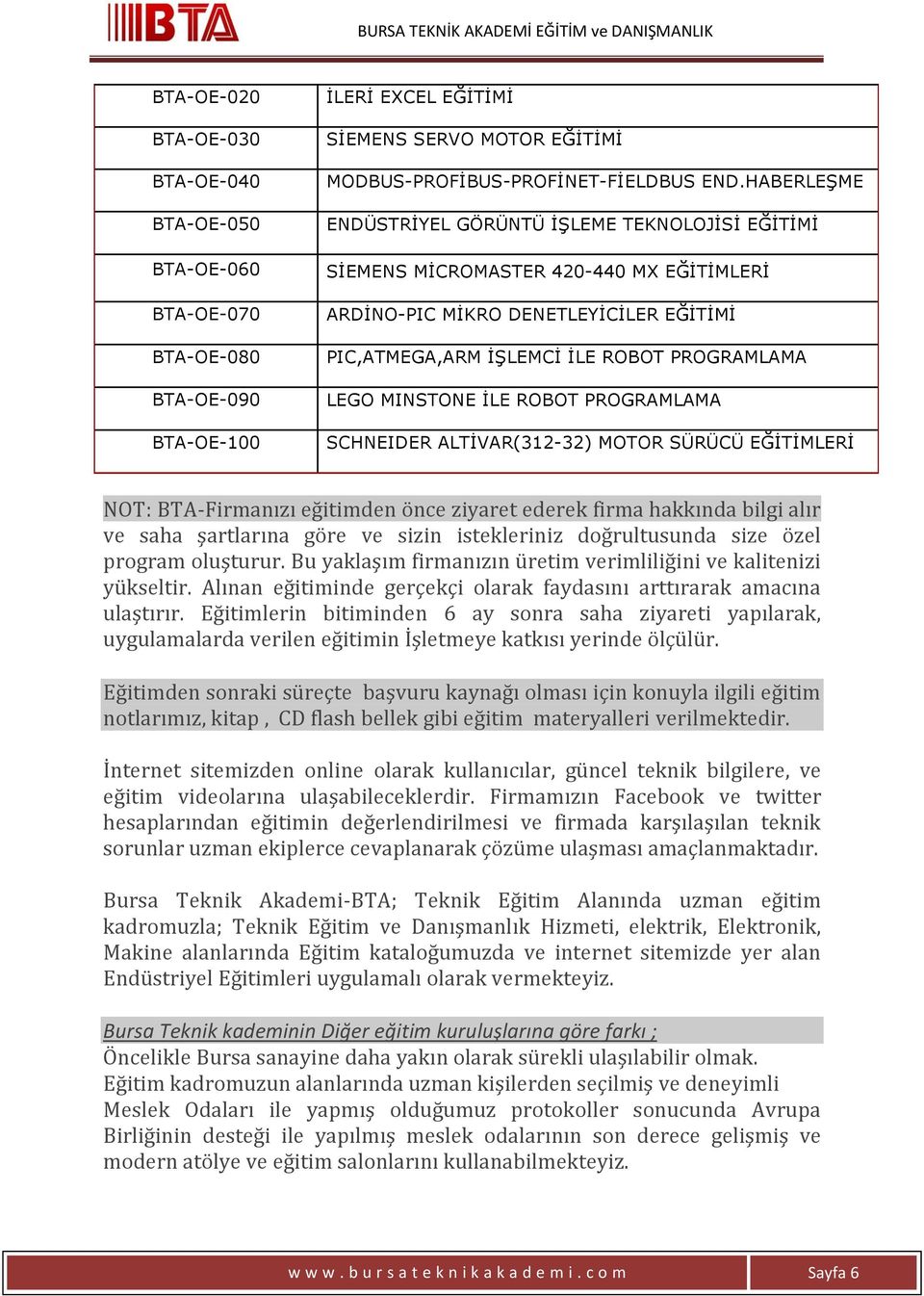 İLE ROBOT PROGRAMLAMA SCHNEIDER ALTİVAR(312-32) MOTOR SÜRÜCÜ EĞİTİMLERİ NOT: BTA-Firmanızı eğitimden önce ziyaret ederek firma hakkında bilgi alır ve saha şartlarına göre ve sizin istekleriniz