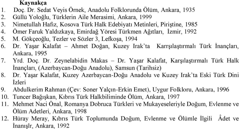 Yaşar Kalafat Ahmet Doğan, Kuzey Irak ta Karrşılaştırmalı Türk İnançları, Ankara, 1995 7. Yrd. Doç. Dr. Zeynelabidin Makas Dr.