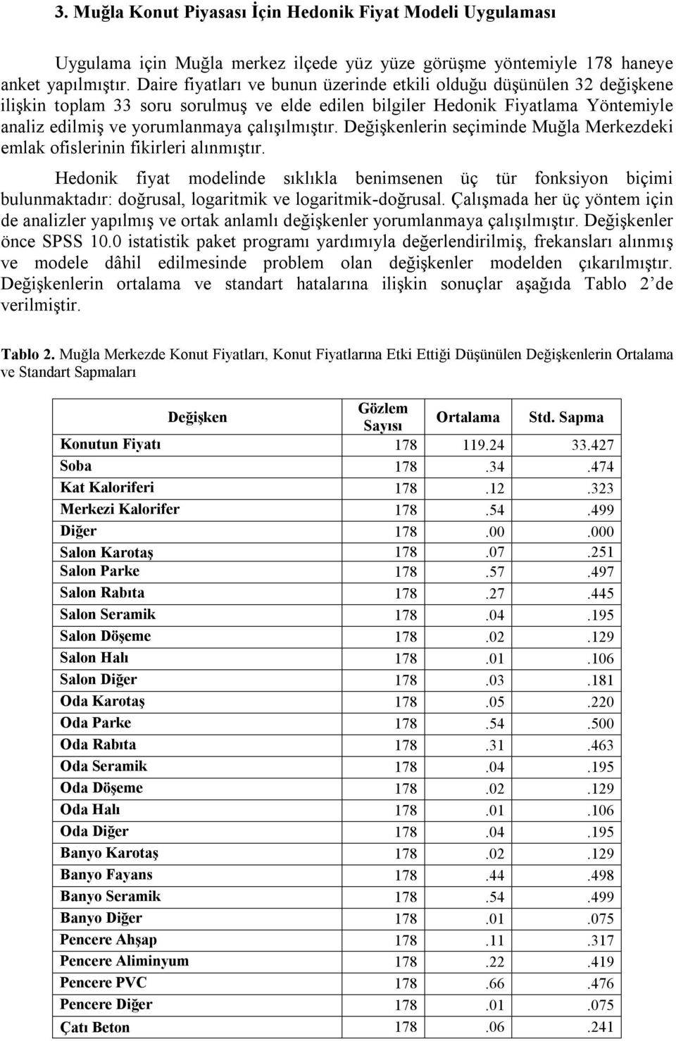 çalışılmıştır. Değişkenlerin seçiminde Muğla Merkezdeki emlak ofislerinin fikirleri alınmıştır.