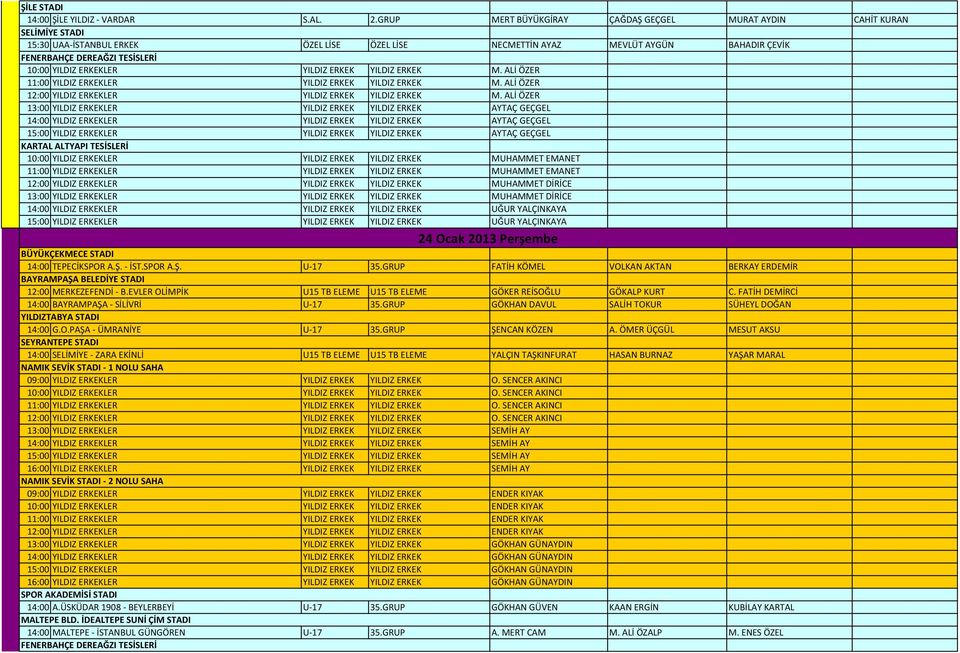 YILDIZ ERKEKLER YILDIZ ERKEK YILDIZ ERKEK M. ALİ ÖZER 11:00 YILDIZ ERKEKLER YILDIZ ERKEK YILDIZ ERKEK M. ALİ ÖZER 12:00 YILDIZ ERKEKLER YILDIZ ERKEK YILDIZ ERKEK M.