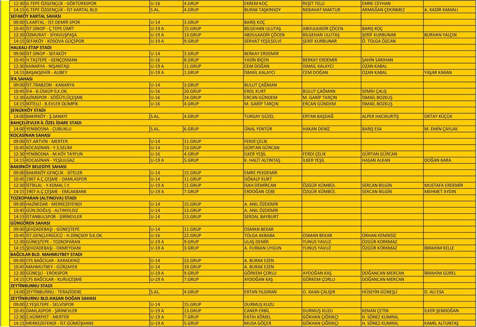 GRUP BİLGEHAN ULUTAŞ ABDULKADİR ÇÖCEN BARIŞ KOÇ 12:30 ÖZMURAT - SİYAVUŞPAŞA U-19 A 13.GRUP ABDULKADİR ÇÖCEN BİLGEHAN ULUTAŞ ŞERİF KURBUNAR BURHAN YALÇIN 14:15 SEFAKÖY - KOSOVA GÜÇSPOR U-19 A 9.
