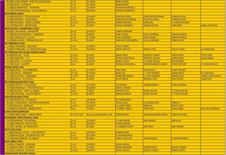 GRUP HÜSEYİN YÜKSEL CEMAL BEYAZTOPRAK DURMUŞ KUZU 10:45 GÜNGÖREN - AVCILAR BLD. U-16 6.GRUP CEMAL BEYAZTOPRAK HÜSEYİN YÜKSEL DURMUŞ KUZU 12:30 GÜNGÖREN - SÖĞÜTLÜÇEŞME U-19 A 18.