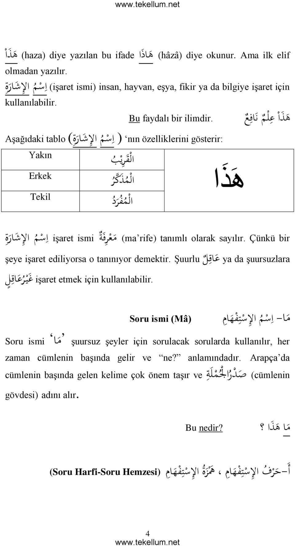 Aşağıdaki tablo ) ا س م ال ش ار ة ( nın özelliklerini gösterir: Yakın ال ق ر ي ب Erkek ال م ذ ك ر Tekil ال م ف ر د ه ذ ا ع ل م ن اف ع ه ذ ا işaret ismi ال ش ار ة (ma rife) tanımlı olarak sayılır.